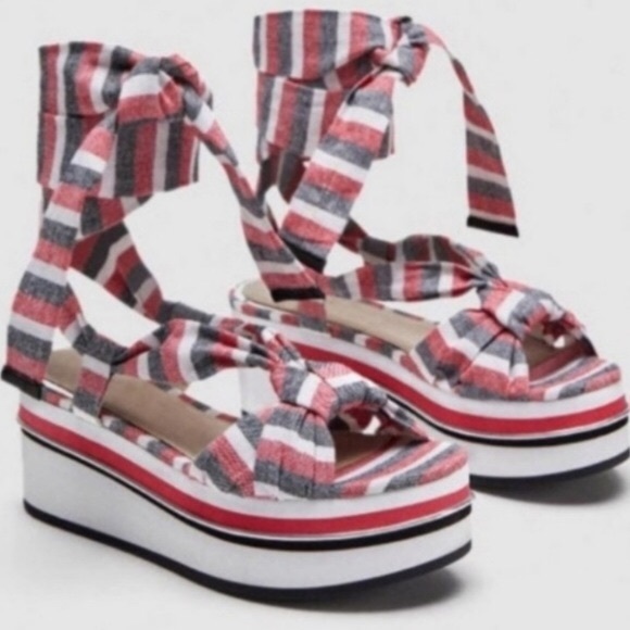 Zara Striped Tie-up Wrap Wedge Sandals Size 8/39 - Picture 1 of 11